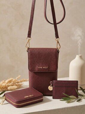 Nine West 3pc Set Burgundy Pebbled Phone Crossbody Wallet Card Case NEW